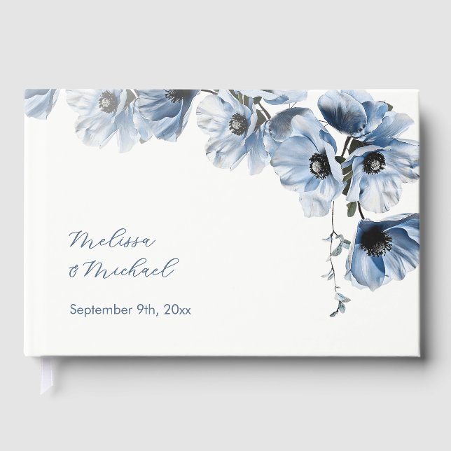 Blue Artistic Floral Wedding Guest Book (Front)