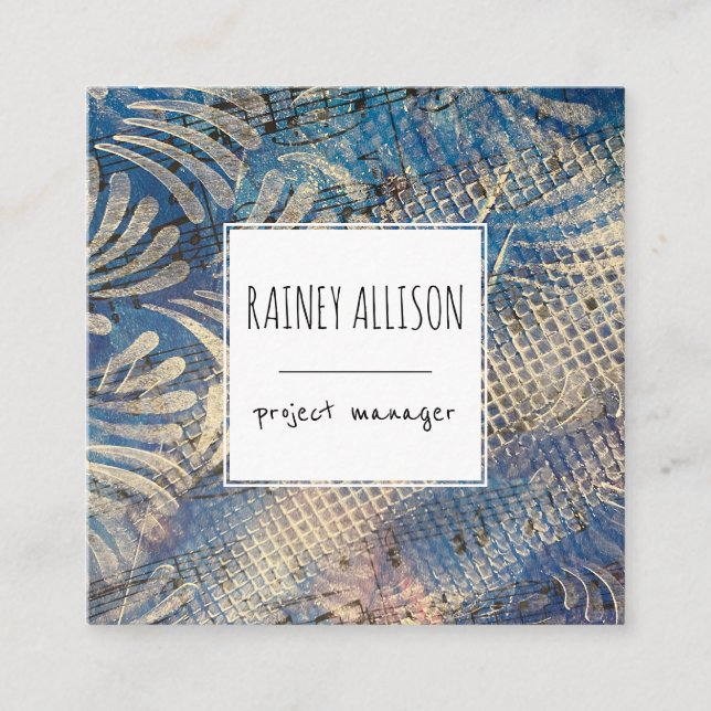 Blue Artistic Funky Music Theme with Social Icons Square Business Card (Front)