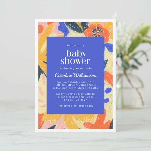 Blue Artsy Abstract Botanical Cute Baby Shower Invitation (Standing Front)