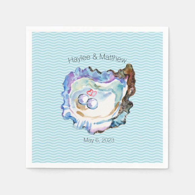 Blue Artsy Oyster 2 Pearls Hearts Paper Napkin (Front)