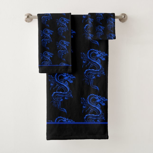 Blue Asian Dragon Bath Towel Set (Insitu)