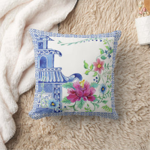 Blue Asian Influence Chinoiserie Floral Pagoda Cushion