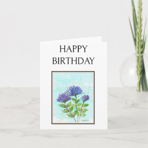 Blue Asters, Watercolor Folk Art Birthday Card