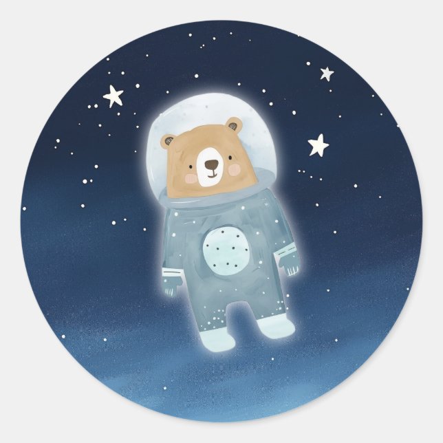 Blue Astronaut Bear Space Baby Shower Classic Round Sticker (Front)