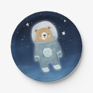 Blue Astronaut Bear Space Baby Shower Paper Plate