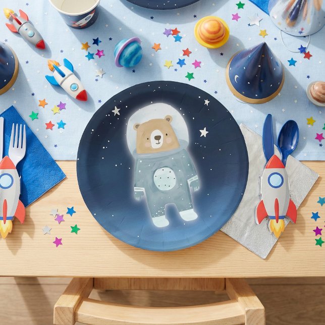 Blue Astronaut Bear Space Baby Shower Paper Plate (Blue Astronaut Bear Space Baby Shower Paper Plates.)