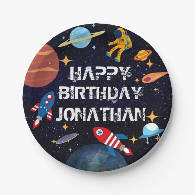 Blue Astronaut Birthday Planets Name Paper Plate (Front)