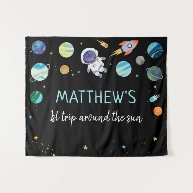 Blue Astronaut Outer Space Birthday Backdrop Tapestry (Front (Horizontal))