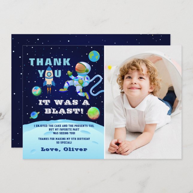 Blue Astronaut Outer Space Birthday Photo Thank You Card (Front/Back)