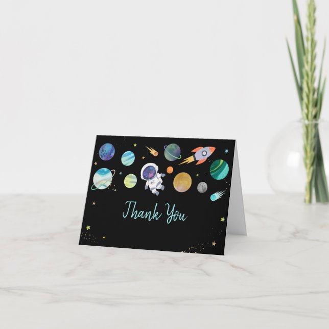 Blue Astronaut Outer Space Birthday Thank You Card (Front)