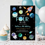 Blue Astronaut Outer Space Fourth Birthday Invitation<br><div class="desc">This adorable design features an astronaut,  rocket ship and colorful planets.</div>