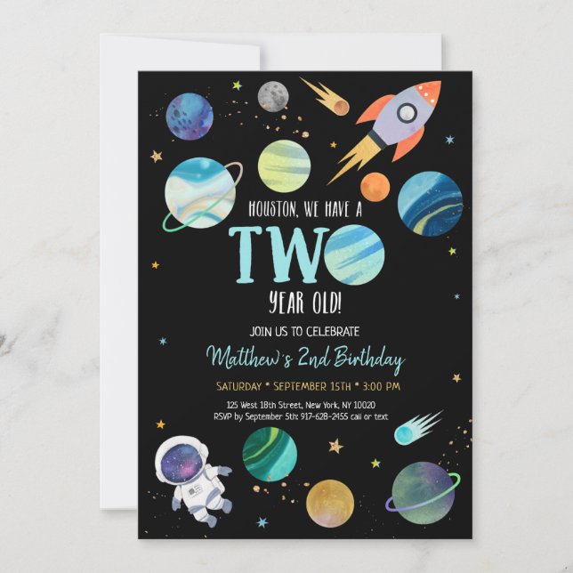Blue Astronaut Outer Space Second Birthday Invitation (Front)