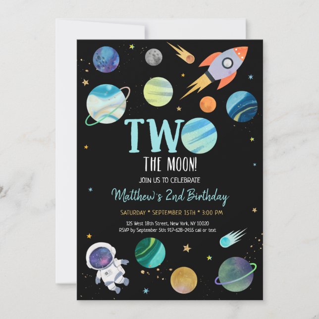 Blue Astronaut Outer Space Two The Moon Birthday Invitation (Front)