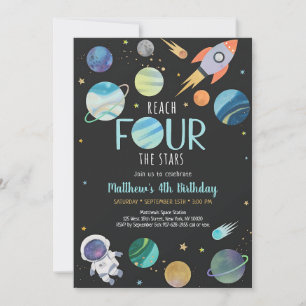 Blue Astronaut Rocket Ship Fourth Birthday Invitation