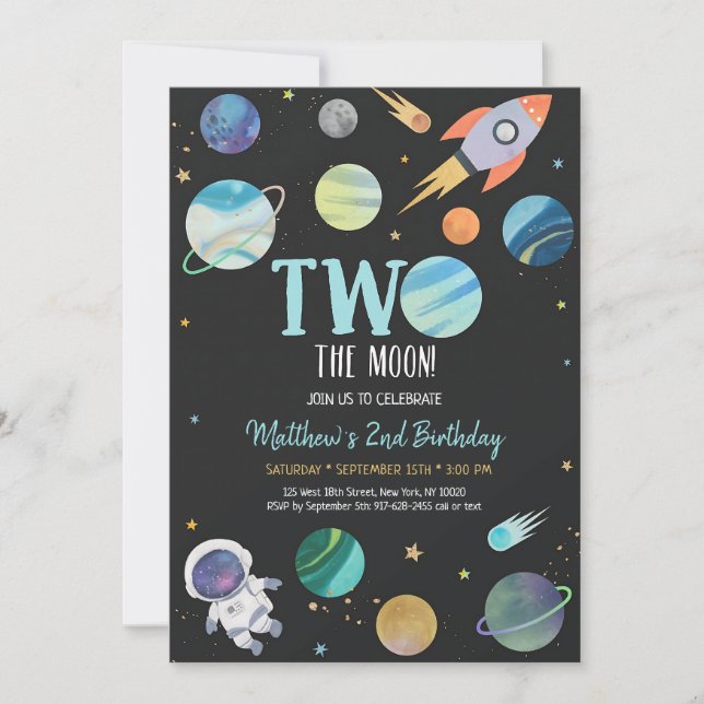 Blue Astronaut Rocket Ship Galaxy 2nd Birthday Invitation (Front)