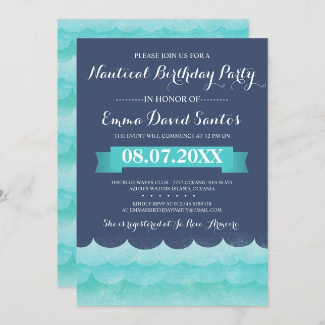 Blue At Sea Nautical Birthday Party Invitation (Front/Back)