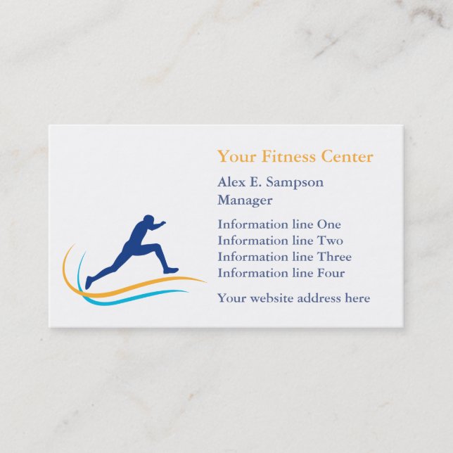 Blue Athlete Gold Swirl Fitness Business Card (Front)