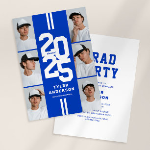 Blue Athletic Grad Photo Collage Graduation Party Invitation