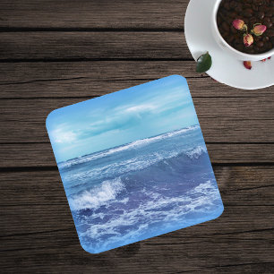 Blue Atlantic Ocean Waves Clouds Sky Photograph Square Paper Coaster