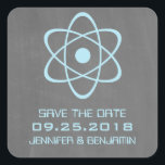 Blue Atomic Chalkboard Save the Date Stickers<br><div class="desc">Cute and nerdy Atomic Chalkboard Save the Date Stickers featuring a simple atomic symbol in light blue on a chalkboard look background. These geeky and fun save the date stickers are perfect for announcing your science themed wedding! Easy to customise, simply add the details of your wedding in the spaces...</div>