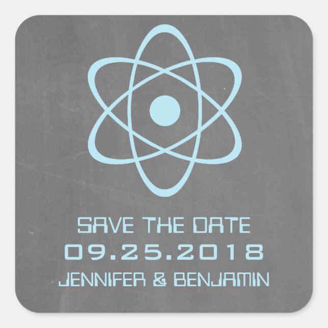 Blue Atomic Chalkboard Save the Date Stickers (Front)