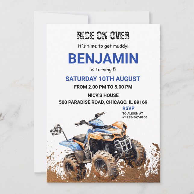 Blue ATV Wheeler Bike Birthday Invitation  (Front)