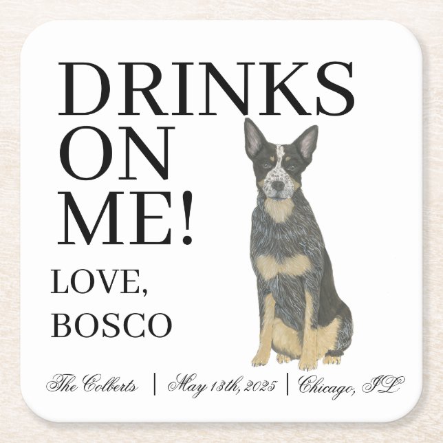 Blue Australian Cattledog Heeler Dog Wedding Square Paper Coaster (Front)