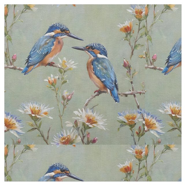 Blue Australian Kingfishers And Eucalyptus Flower, Fabric (Close Up)