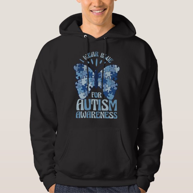 Blue Autism Awareness Butterfly puzzle piece Autis Hoodie (Front)