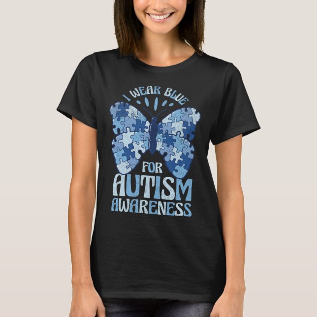 Blue Autism Awareness Butterfly puzzle piece Autis T-Shirt (Front)