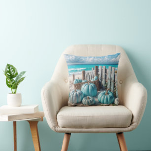 Blue Autumn Beach Pumpkins Cushion