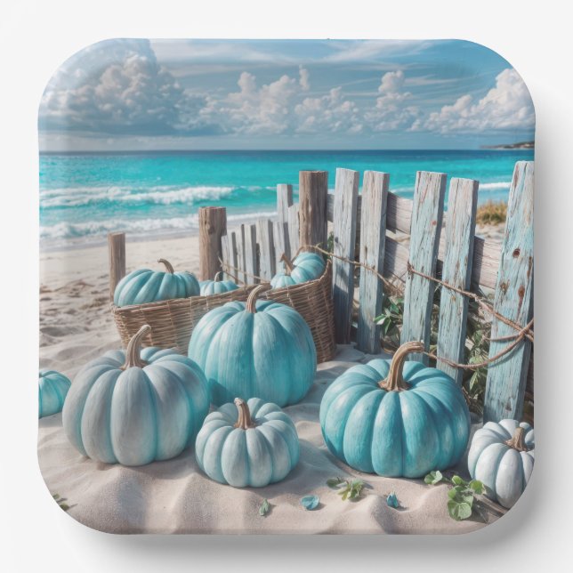 Blue Autumn Beach Pumpkins Paper Plate (Front)