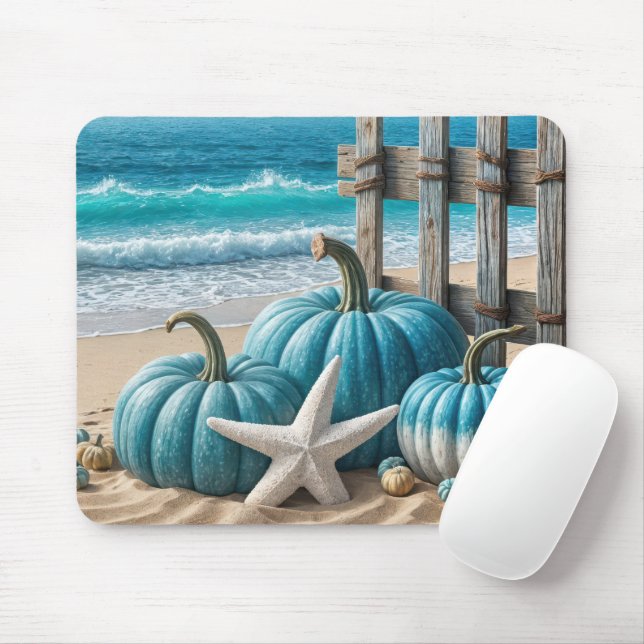 Blue Autumn Beach Pumpkins With Stafish Mouse Mat (With Mouse)