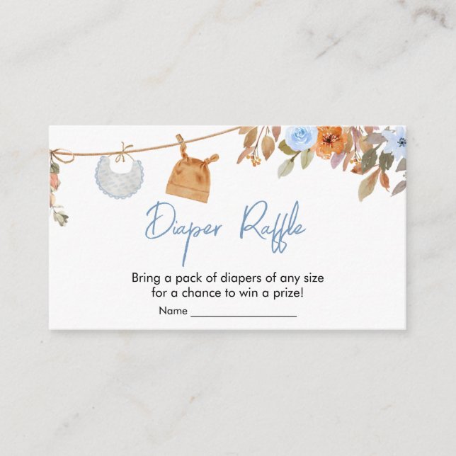 Blue Autumn Floral Pumpkin Baby Diaper Raffle Enclosure Card (Front)