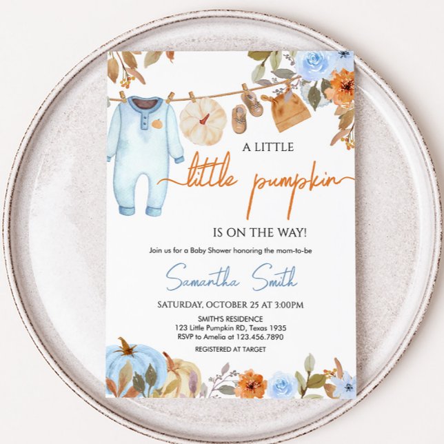 Blue Autumn Floral Pumpkin Baby Shower Invitation (Blue Autumn Floral Little Pumpkin Clothesline Baby Shower Invitation)