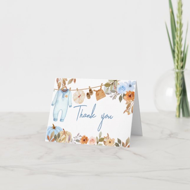 Blue Autumn Floral Pumpkin Baby Shower Thank You Card (Front)