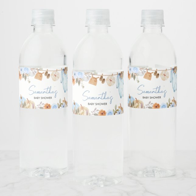 Blue Autumn Floral Pumpkin Baby Shower Water Bottle Label (Bottles)