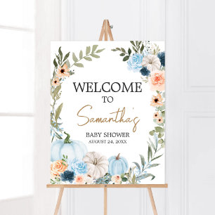 Blue Autumn Flowers Pumpkin Baby Shower Welcome Poster