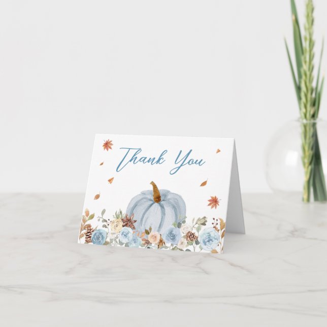 Blue Autumn Little Pumpkin Baby Shower Thank You Card (Front)