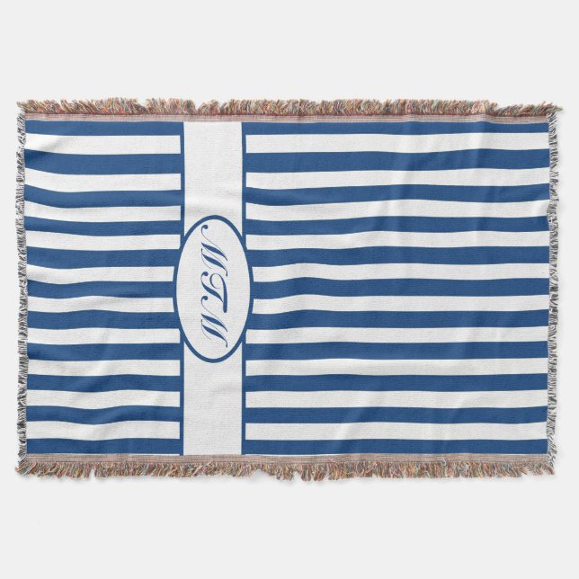 Blue Autumnal Stripes with monogram Throw Blanket (Front)