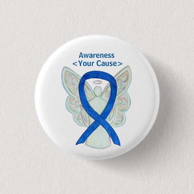 Blue Awareness Ribbon Angel Customised Pin Buttons (Front)