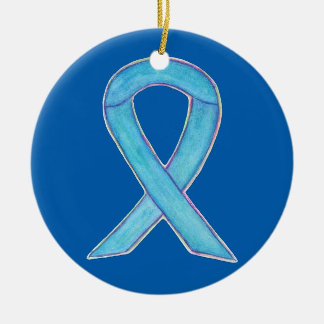 Blue Awareness Ribbon Custom Art Ornaments (Front)