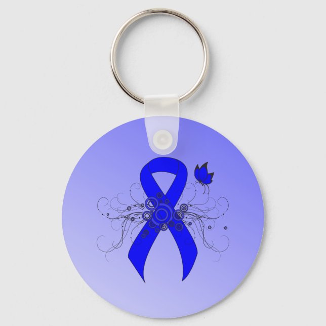 Blue Awareness Ribbon with Butterfly Key Ring (Front)