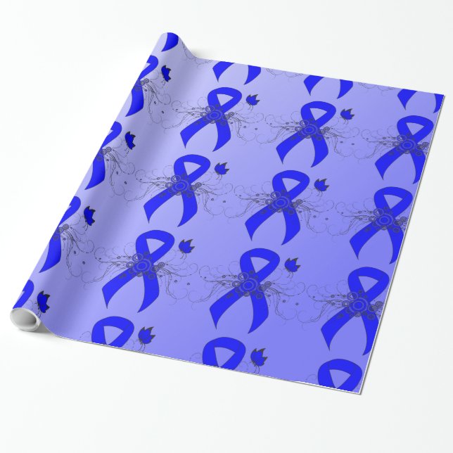 Blue Awareness Ribbon with Butterfly Wrapping Paper (Unrolled)