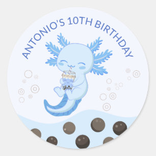 Blue Axolotl Bubble Milk Boba Tea Birthday Party Classic Round Sticker