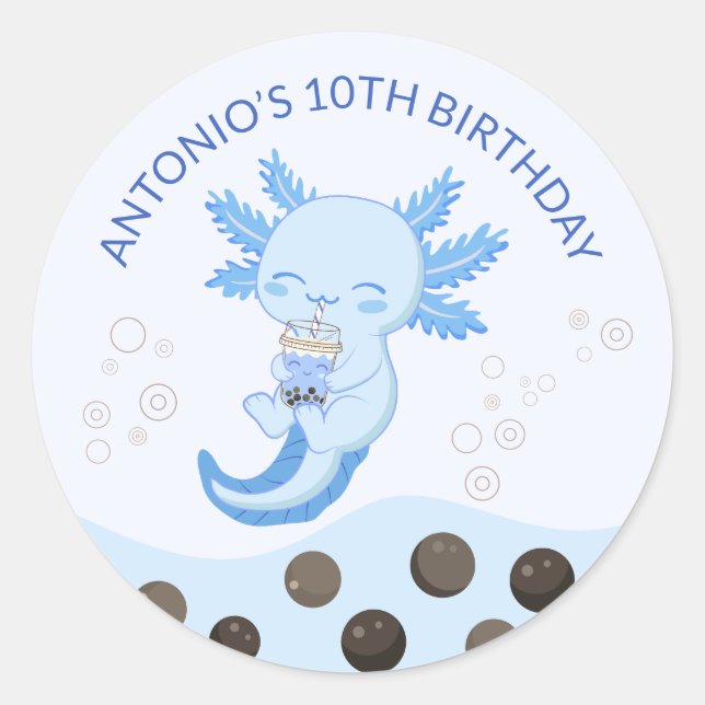 Blue Axolotl Bubble Milk Boba Tea Birthday Party Classic Round Sticker (Front)