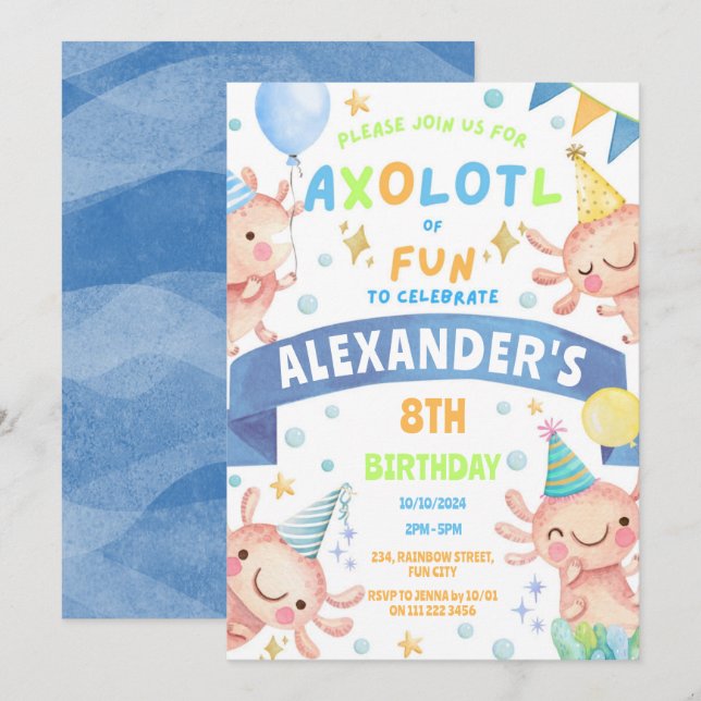 Blue Axolotl Cute Salamander Aquatic Birthday Invitation (Front/Back)