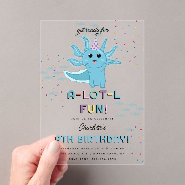 Blue Axolotl Kids Cute Salamander Birthday Party Acrylic Invitations (Insitu (Handheld))