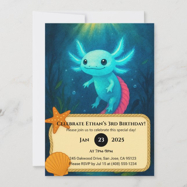 Blue Axolotl with Red Tail in Lotus Birthday  Invitation (Front)