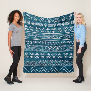 Blue Aztec Tribal Geometric Pattern Fleece Blanket